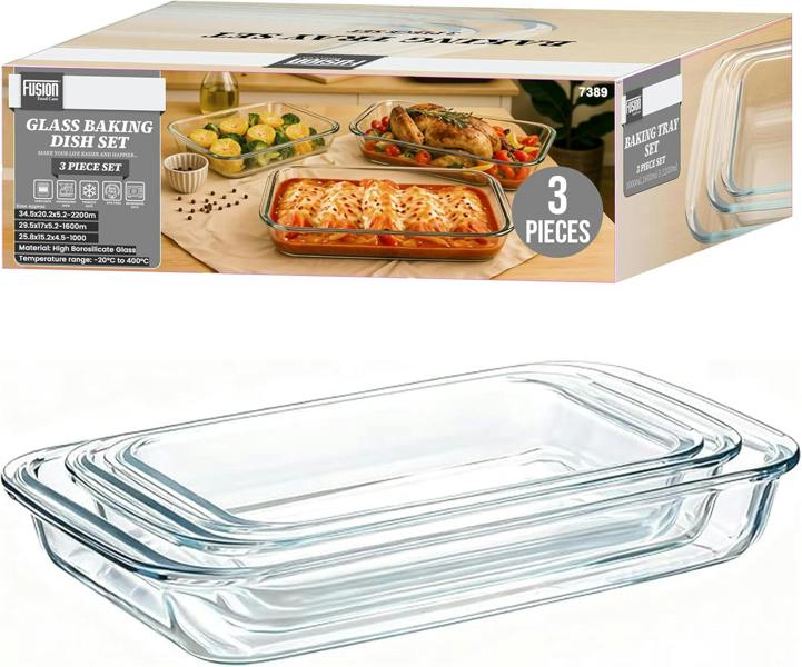 Fusion Food Glass Baking Dish 3 Piece Set - 1000ml/1600ml/2200ml Borosilicate Glass Casserole Dishes for Oven, Freezer, Microwave & Dishwasher Safe