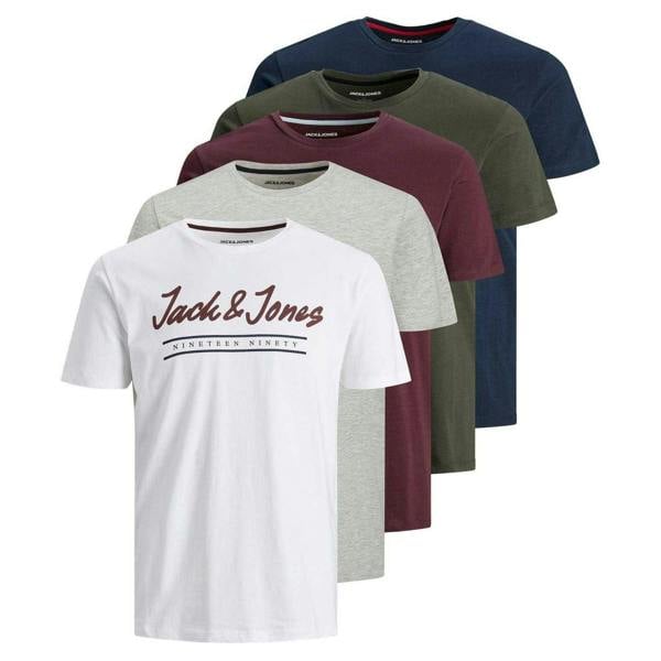 Jack And Jones Mens Corp Cotton T-Shirt (Pack of 5) - White/Grey/Burgundy/Khaki/Navy - 