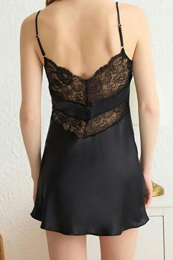 WOVCOR Back Lace Strap Satin Woven Nightdress