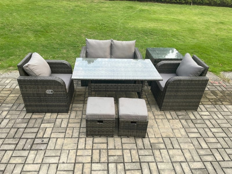 Fimous Outdoor Rattan Garden Furniture Lounge Sofa Set With Oblong Rectangular Dining Table 2 PC Reclining Chair Side Table 2 Small Footstool