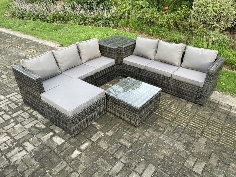 Fimous 7 Seater Rattan Garden Furniture Sofa Set with Side Table Square Coffee Table Big Footstool Indoor Outdoor Rattan Set Dark Grey Mixed