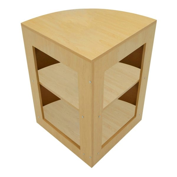 Triton LED Shop Counter Set featuring a maple finish, curved top, open shelving, and smooth texture for modern retail displays