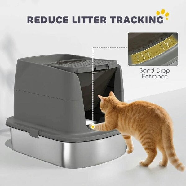 Large Stainless Steel Litter Box, Enclosed Metal Cat Litter Tray with Scoop, Deodoriser Bag, Front-Entry and Top-Exit