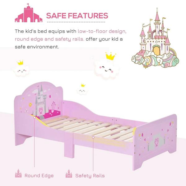 Pink kids bed with low-to-floor design, round edges, and safety rails; princess castle graphic