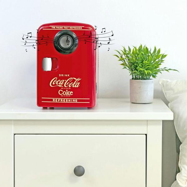 Coca-Cola Coca Cola 4L Mini Fridge For Bedrooms 6 Can 12V Portable Cooler Warmer with Bluetooth Speaker
