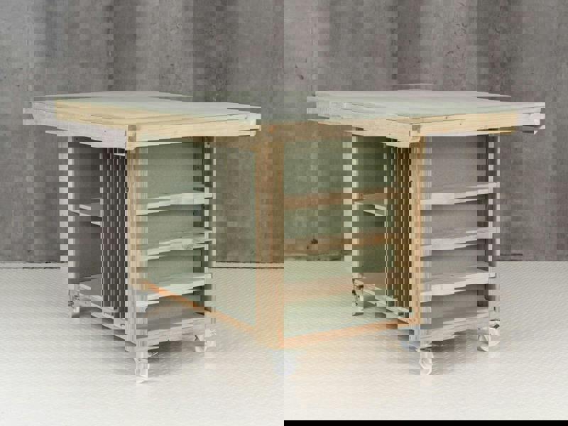 Art/Craft Project Workbench with Storage V.3 features a durable, moisture-resistant 18mm MDF top, ideal for creative projects and precision work. This design includes 7 vertical sections on one side for organizing materials and a double shelf on the other for versatile storage options