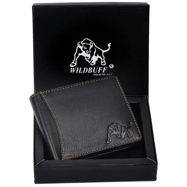 WILDBUFF Mens Black Over Flap Leather Wallet Timeless Everyday Wallet, Gift Ready