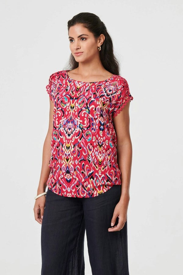Red | Printed Lace Trim Cap Sleeve Blouse
