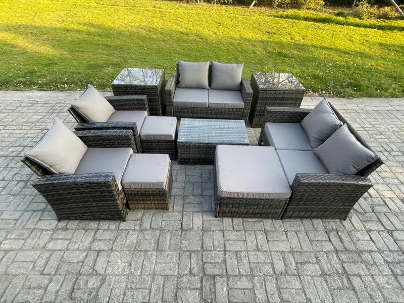 Fimous 10-Piece Dark Grey Rattan Outdoor Sofa Set | Coffee Table, 3 Footstools, 2 Side Tables