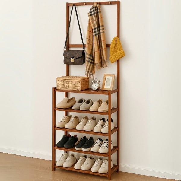 BMBO Wooden Clothes Rack With 12 Hooks & 5 Tier Shoe Storage