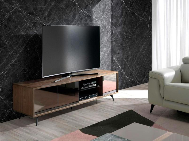 Angel Cerdá Mirror Effect Black Glass, Walnut and Black Steel TV Unit 3223