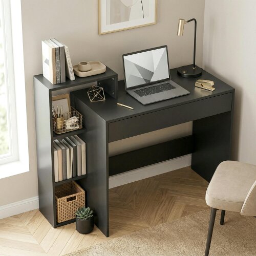 HOMCOM Computer Desk with 3 Open Shelves and Drawer, Black