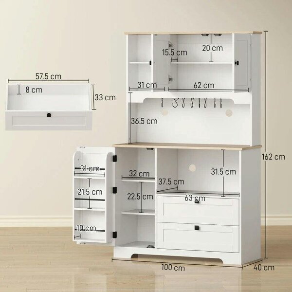 Kitchen Cupboard, Freestanding Kitchen Cabinet with 2 Cabinets, 2 Drawers, Open and Adjustable Shelves, White