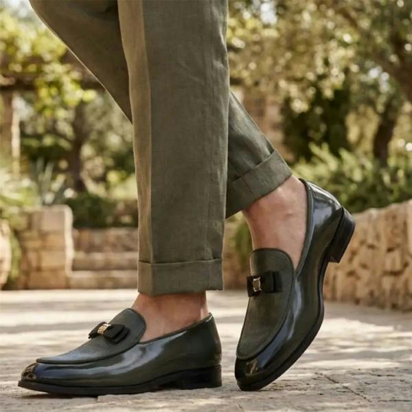 Dolcetto Mens Olive Green Textured Front Iconic Buckle Bow Loafers Shoes