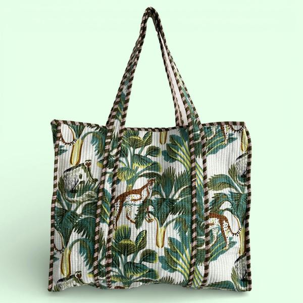 Hayley & Co Leopard Print Large Quilted Cotton Tote Shoulder Bag in White