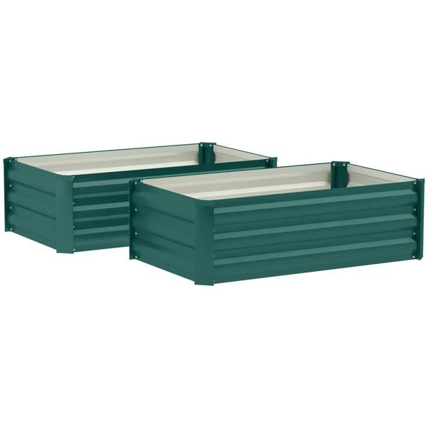 Set of two green rectangular steel planter boxes with open tops