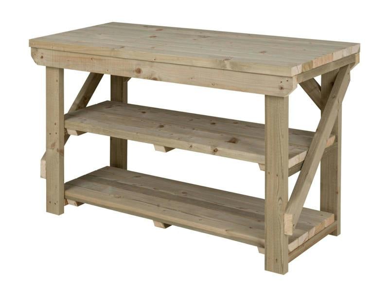Indoor/Outdoor Pressure-Treated Double Shelf Workbench, a robust and versatile solution for all your workspace needs. Handcrafted in the UK, this workbench is constructed from high-quality, pressure-treated timber, ensuring durability and resistance to the elements, making it suitable for both indoor and outdoor use.