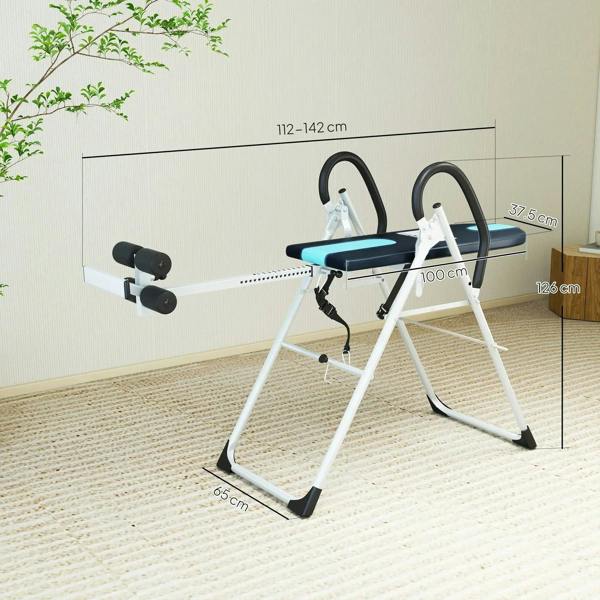 Foldable inversion table with black-and-blue backrest pad, safety belt and ankle supports