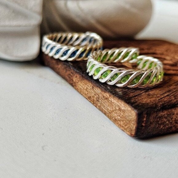 The Colourful Aura 925 Silver Green & Blue Link Chain Stacking Band Adjustable Ring