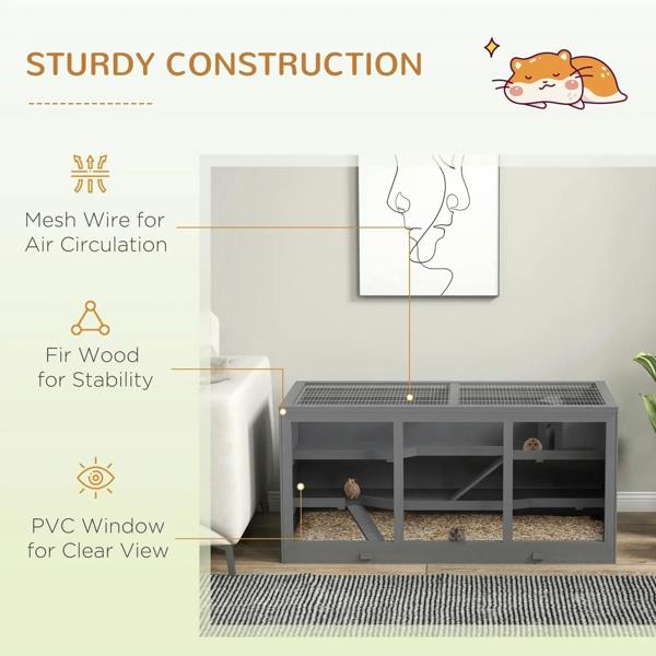 Grey wooden hamster cage with mesh air ventilation and side viewing window