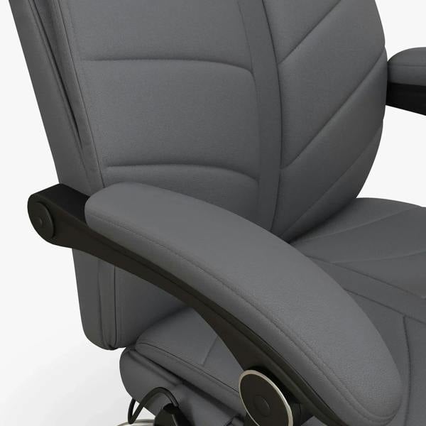 Grey PU leather massage chair armrest with control panel and side footrest