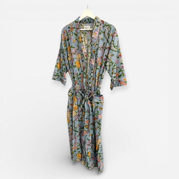 Hayley & Co Pale Blue Floral Block Print 100% Cotton Dressing Gown