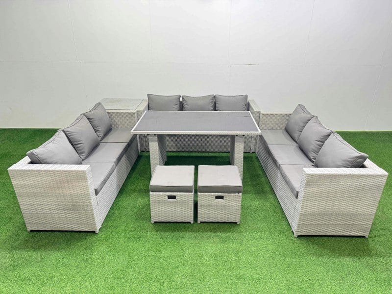 Fimous Patio Outdoor Garden Furniture Sets with Black Glass Top Dining Table 3 Seater Sofa Side Table 2 Small Stool Light Grey