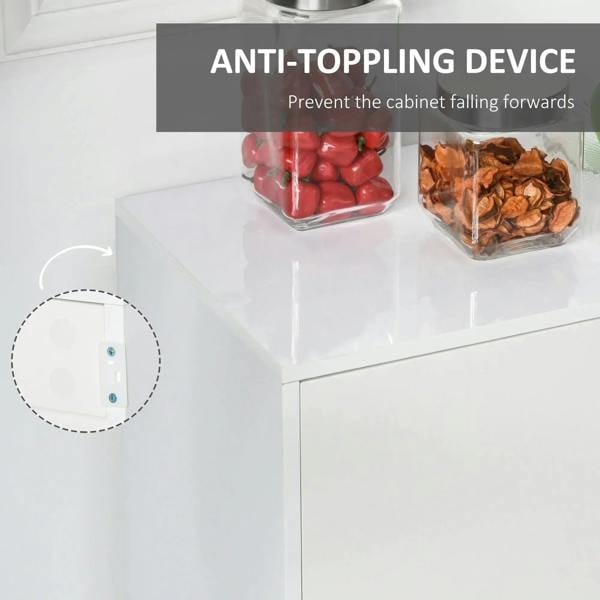 White cabinet with built-in anti-toppling device near base, sturdy side panel corner