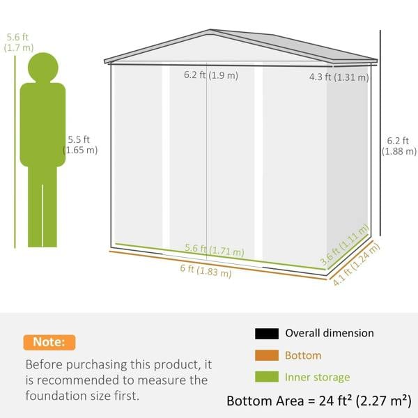 Garden shed dimension diagram with 6 ft length, 4.3 ft depth, and 5.6 ft height