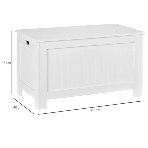 White lift-top storage bench with dimensions, flat top and hinged lid