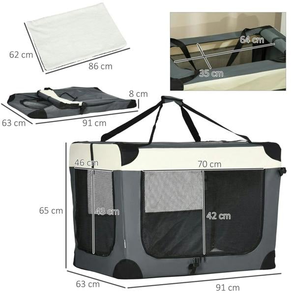 Grey foldable pet carrier with dimensions, roof straps, and zippered front door