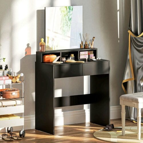 Wyld Haus Merotto Black Dressing Table With Mirror And Multi Storage Layout