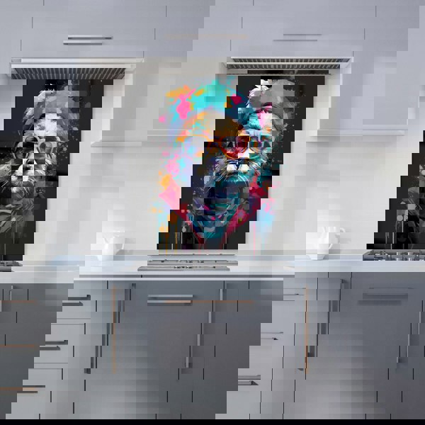 Warren Reed - Designer Multi Coloured Splashart Dog With Glasses Kitchen Splashback