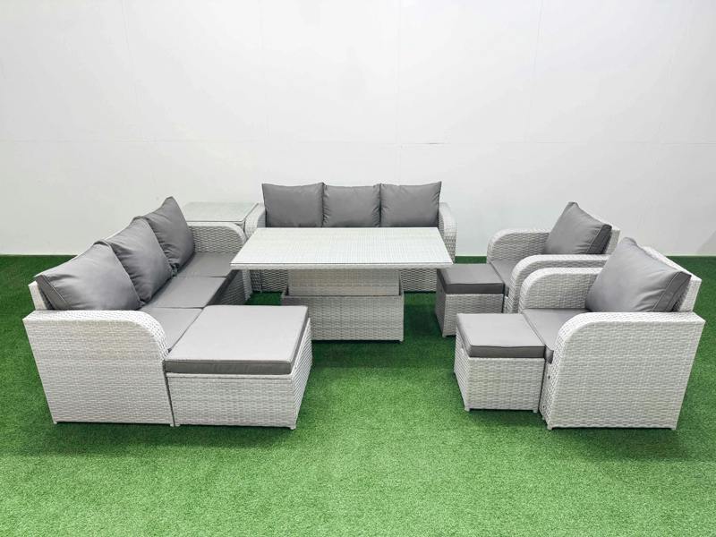 Fimous PE Rattan High Back Patio Furniture Set, Adj Height Table, 3 Seater Sofa, Reclining Chair and 3 Stools, Side Table, Light Grey