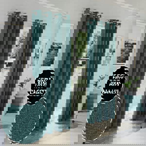 Enhanced Living Teal Textured Basketweave 100% Blackout Curtains - Thermal/Energy Saving Pair with Eyelets For Living Room & Bedrooms