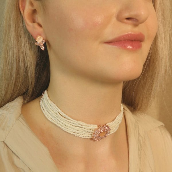 The Colourful Aura Multi Strand White Pearl Rose Gold Zircon Stone Victorian Choker set