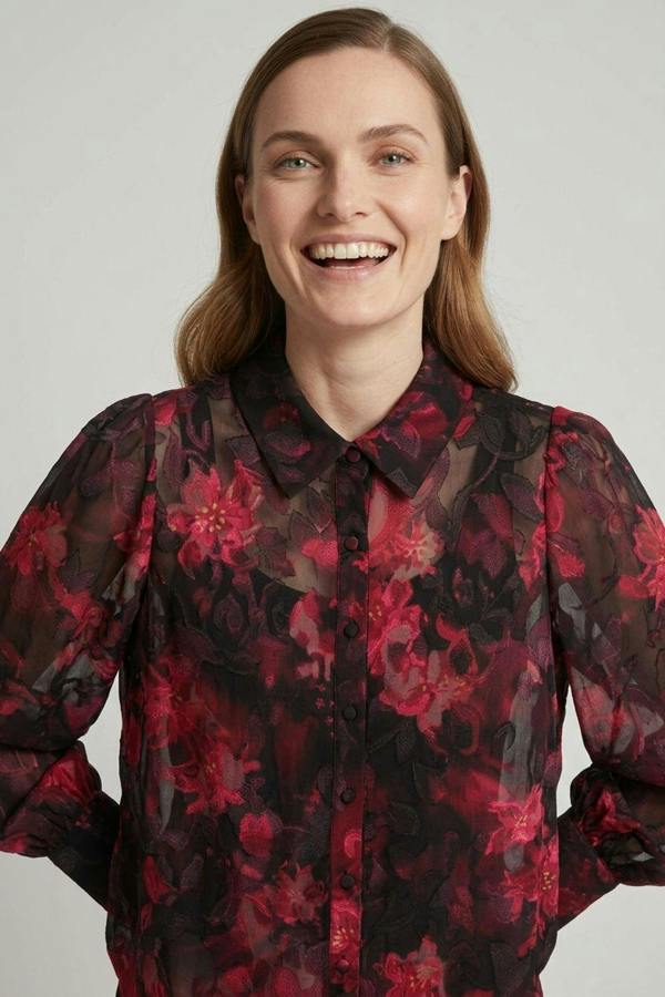 Red | Floral Long Sleeve Curve Hem Shirt