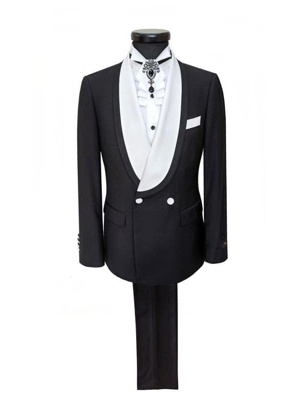 Black Double Breasted Tuxedo With White Shawl Lapel