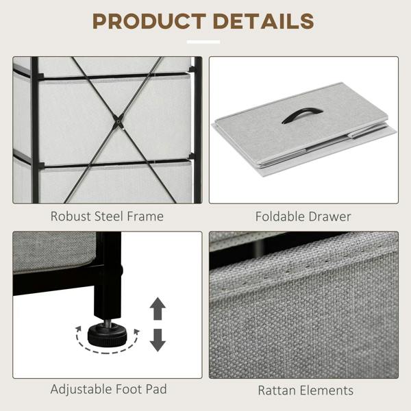 Grey fabric drawers with black steel frame, foldable drawer design, and adjustable foot pads