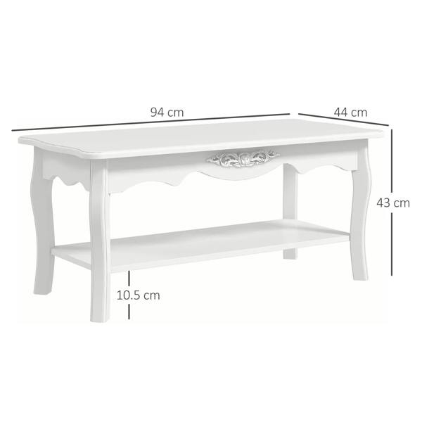 White coffee table with lower shelf and ornate center panel, shown with dimensions