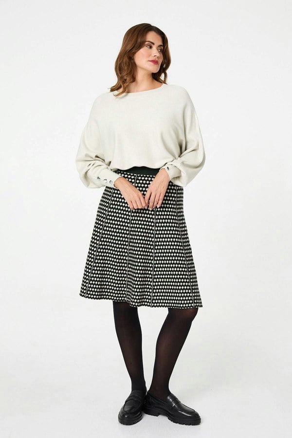 Green | Geo Print High Waist Knee Length Skirt
