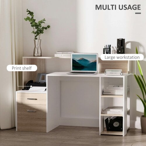 Wyld Haus Niledi 137cm Wooden Oak Large Office Desk With Shelves Drawers And Printer Stand
