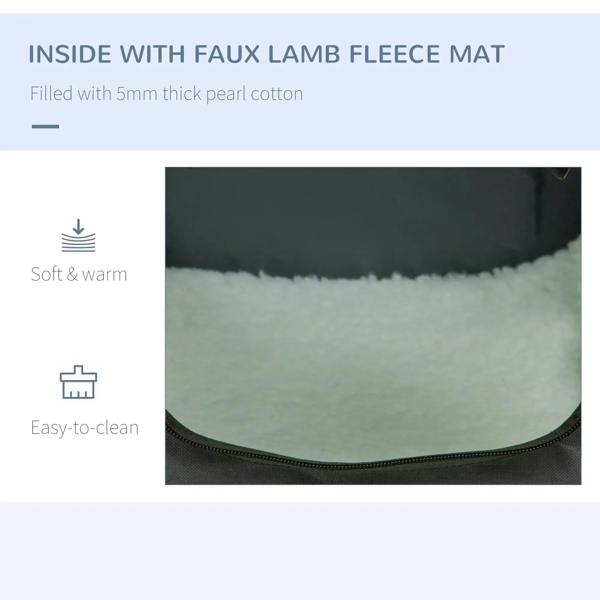 Grey pet carrier interior with faux lamb fleece mat and zippered edge