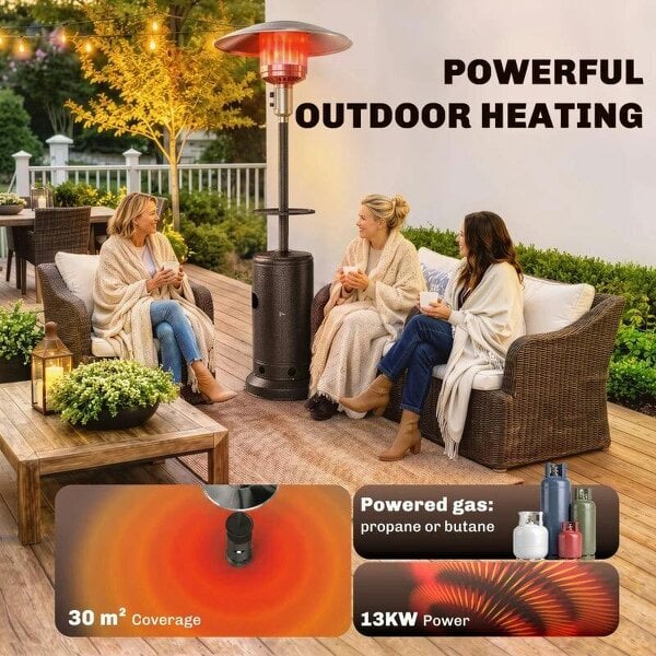 Bobobiy Gas Patio Heater with Table Tray, 13 kW Portable Propane Outdoor Heater with Piezo Ignition, Tip-over Protection, Brown