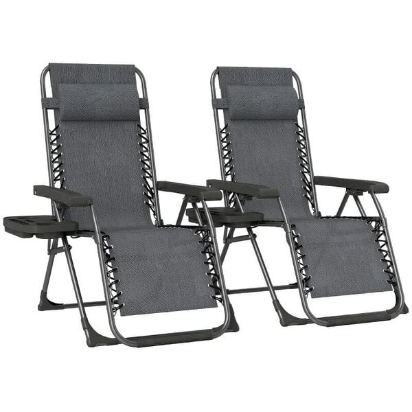 Bobobiy Zero Gravity Chairs Set of 2, Folding Sunloungers Reclining Garden Chairs with Cup Holder, Headrest, Dark Grey