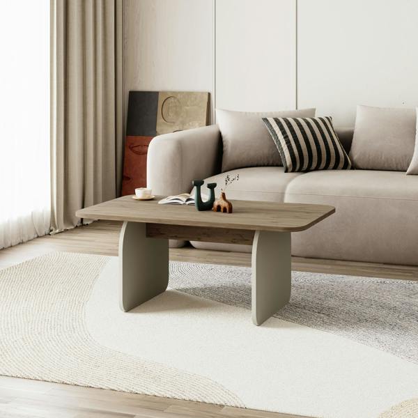 Decortie Modern Coffee Table Radius Edges with Flat Panel Legs Japandi Style Particleboard Living Room 100cm
