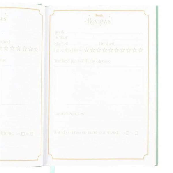 Open A5 reading journal spread with 'Book Reviews' page and star rating lines.