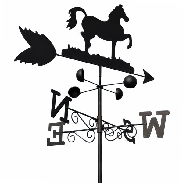 Horse Steel Weathervane, Black Painted All-Steel Weather Vane With Wall Fixings and 1.7m Ground Spike, Wind Speed Cups
