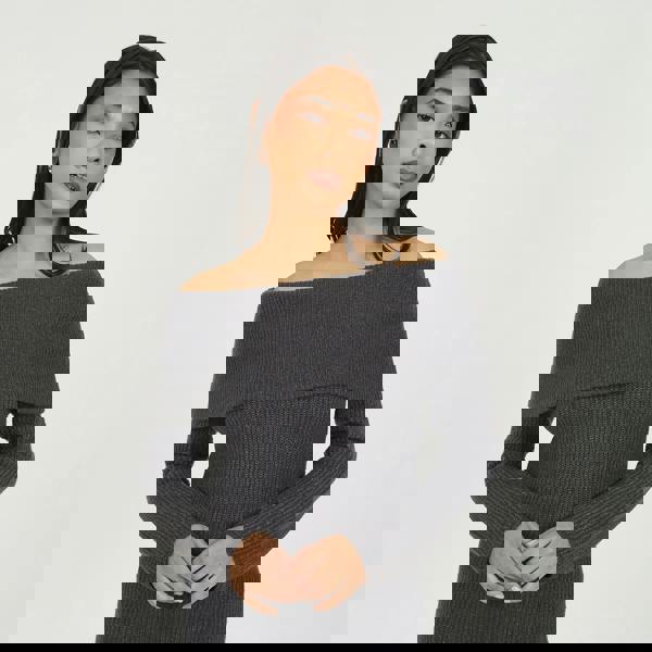 Brave Soul Charcoal Bardot Ribbed Knit Mini Dress - Charcoal Image 4