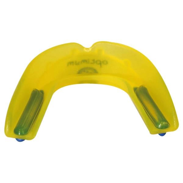 Yellow translucent Optimum Matrix mouthguard, top-down U-shape with green channels, on white - Optimum